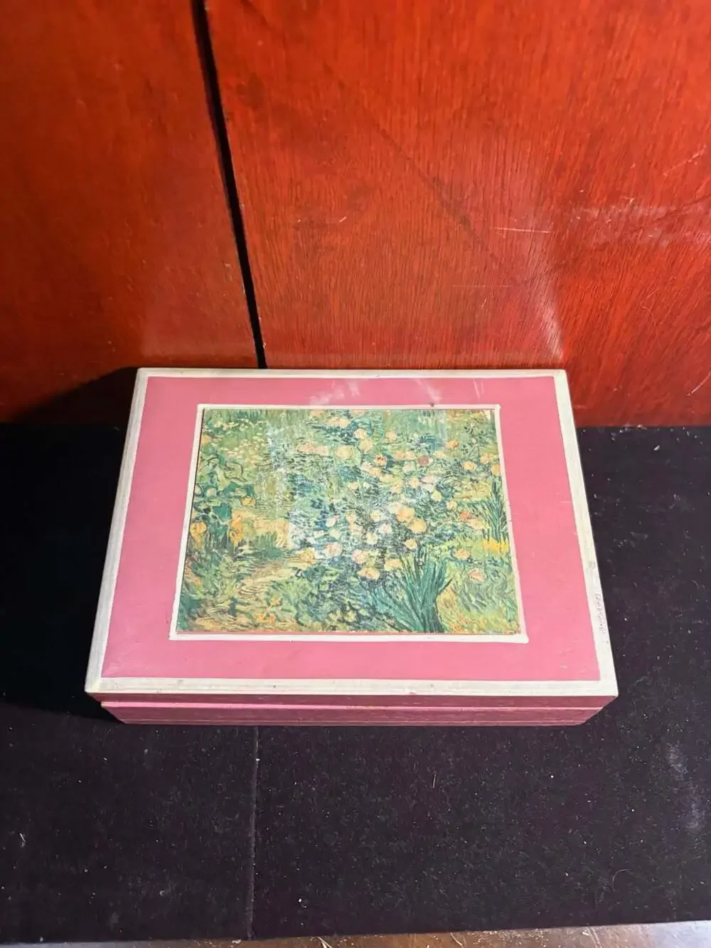 Vintage Handcrafted Wooden Trinket Box and Vincent van Gogh Rose Bushes Print